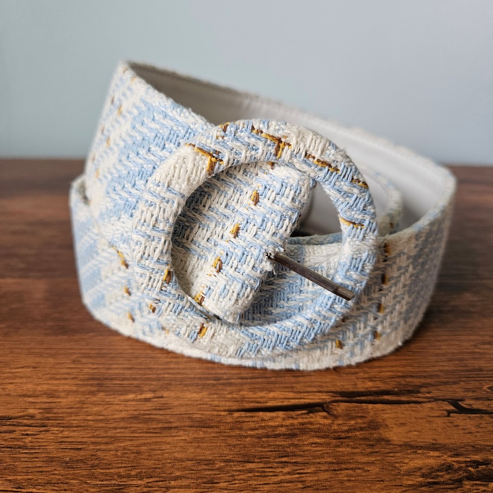 Vtg 90s Woven Tweed Herringbone Belt Light Blue White Round Buckle Grommet